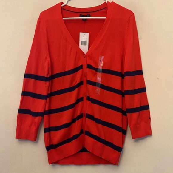 Tommy Hilfiger orange red blue striped cardigan Size L NWT - Picture 2 of 9